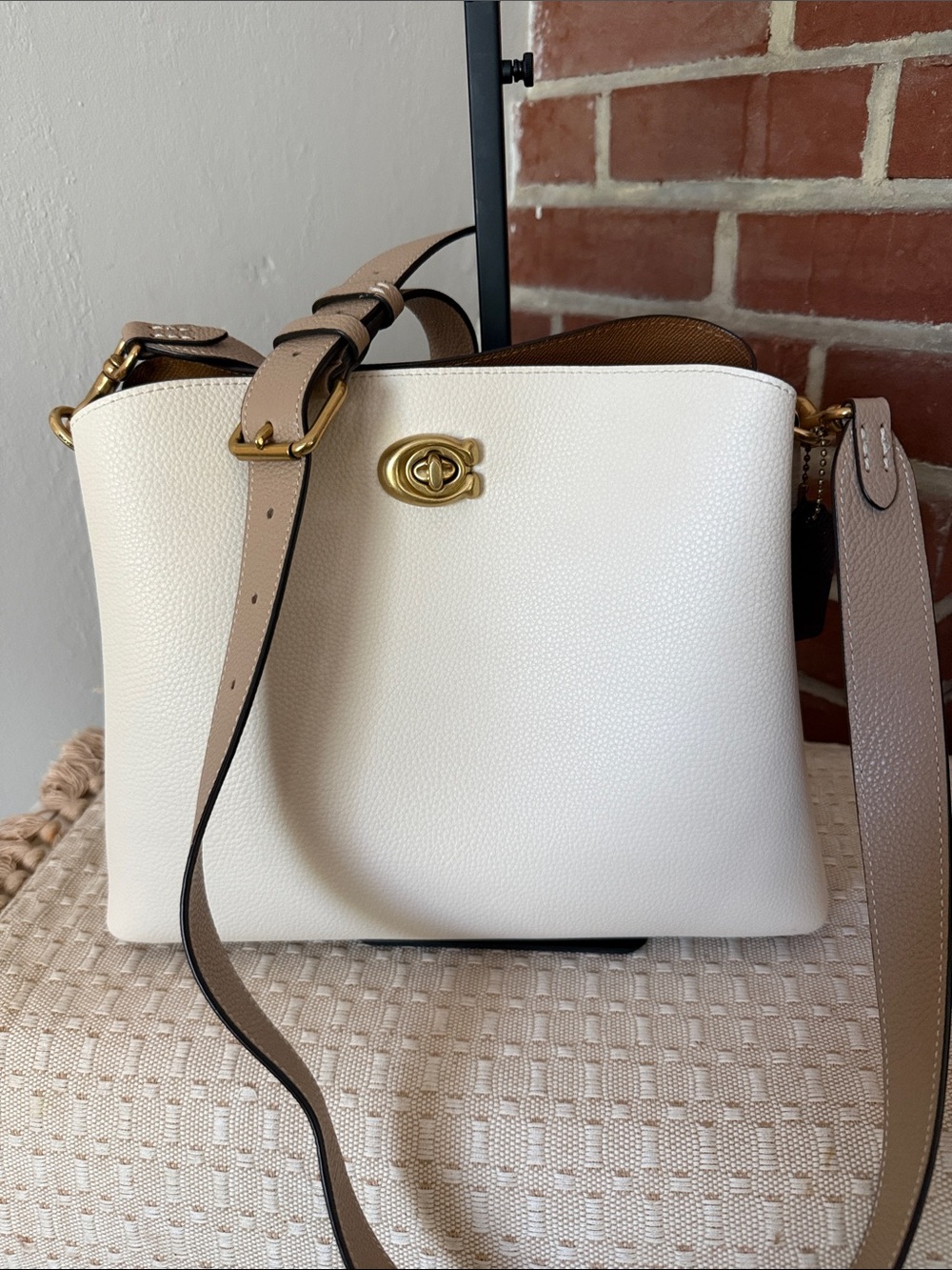 Coach Willow Chalk Pebbled Leather Crossbody with Taupe Strap and Gold Hardware